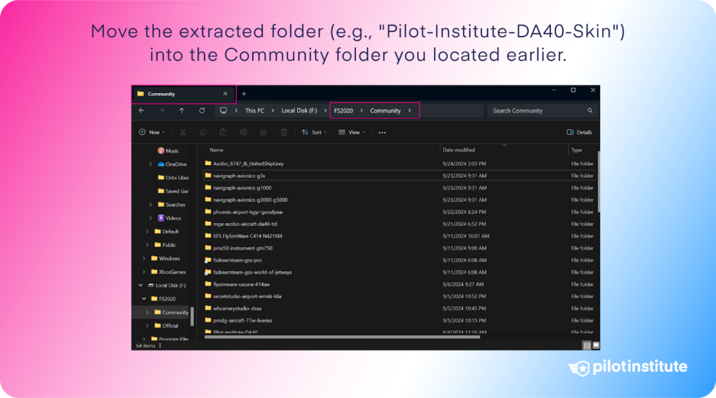 An infographic on placing the skins in the community folder for MSFS.