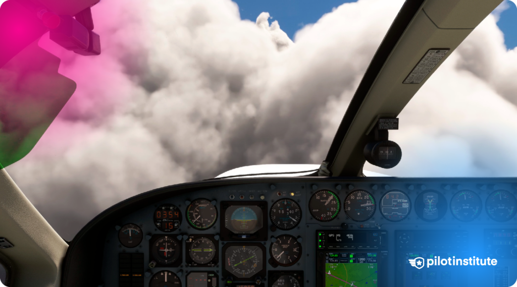 A cockpit view in Microsoft Flight Simulator showing an approaching storm in the distance.