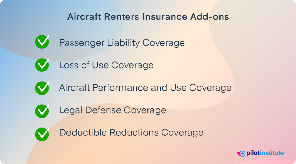 Illustration listing 'Aircraft Renters Insurance Add-ons' with check marks for Passenger Liability, Loss of Use, Aircraft Performance and Use, Legal Defense, and Deductible Reductions Coverage, along with the Pilot Institute logo.