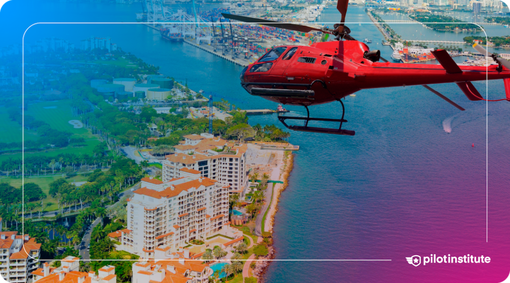 Red helicopter flying over a coastal city landscape. Pilot Institute logo included.