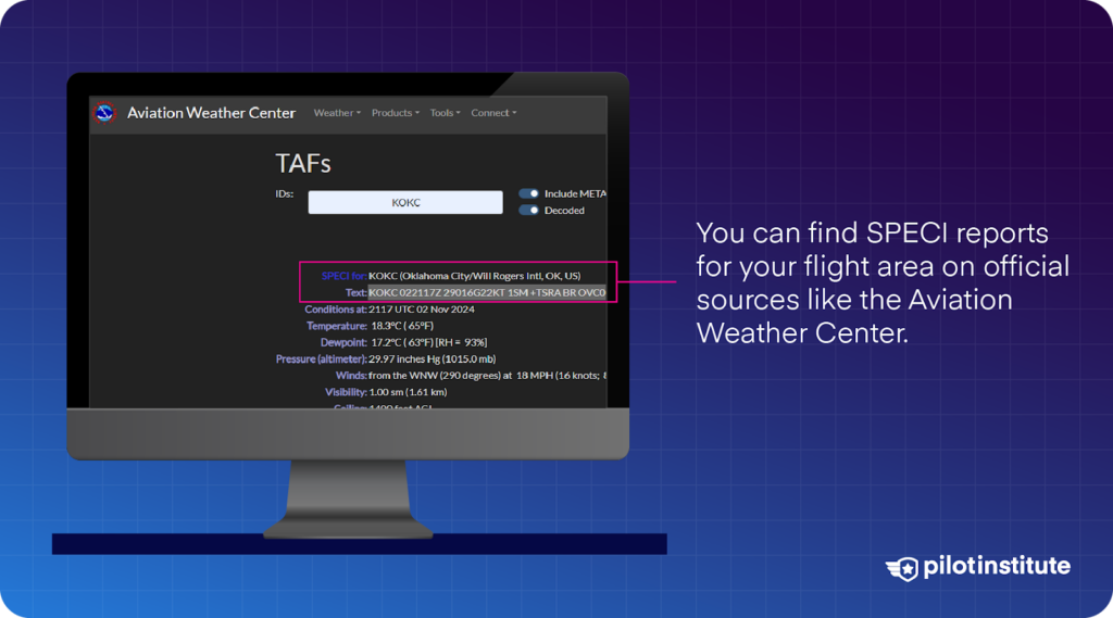 Computer screen displaying Aviation Weather Center with SPECI report highlighted, Pilot Institute logo.