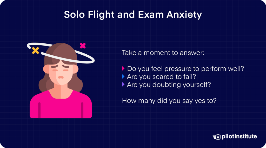 Illustration of a stressed woman with questions about flight and exam anxiety, accompanied by the Pilot Institute logo.