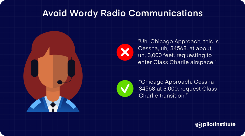 Example showing concise radio communication versus a wordy approach for better clarity in aviation.