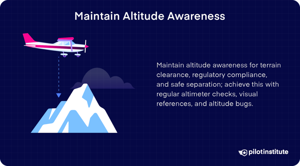 Maintain altitude awareness with altimeter checks, visual references, and altitude bugs for safety.