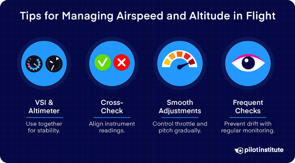 Tips for managing airspeed and altitude: use instruments, cross-check, adjust smoothly, and check frequently; Pilot Institute logo included.