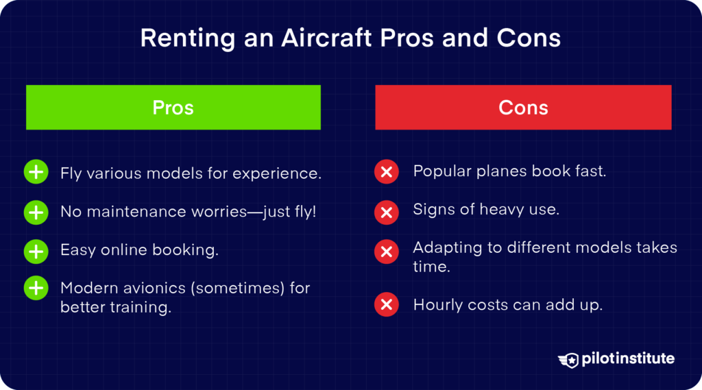 Pros and cons of renting an aircraft, highlighting flexibility and cost considerations.