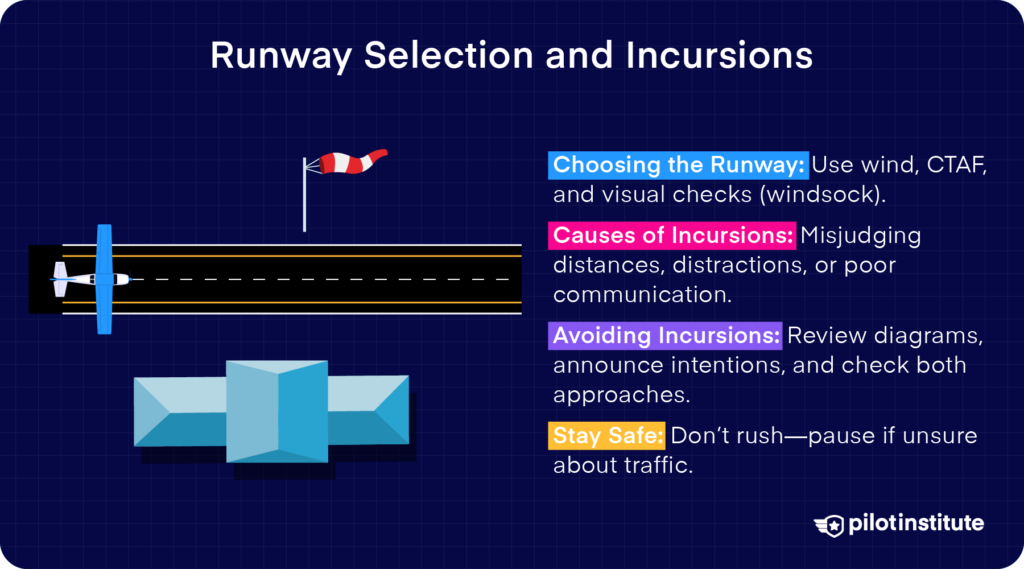 Diagram showing runway selection and incursion tips with a windsock indicating wind direction and a plane on the runway. Text explains causes and prevention of runway incursions.