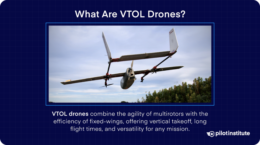 VTOL drone in flight, showcasing its capability for vertical takeoff and long flight times.