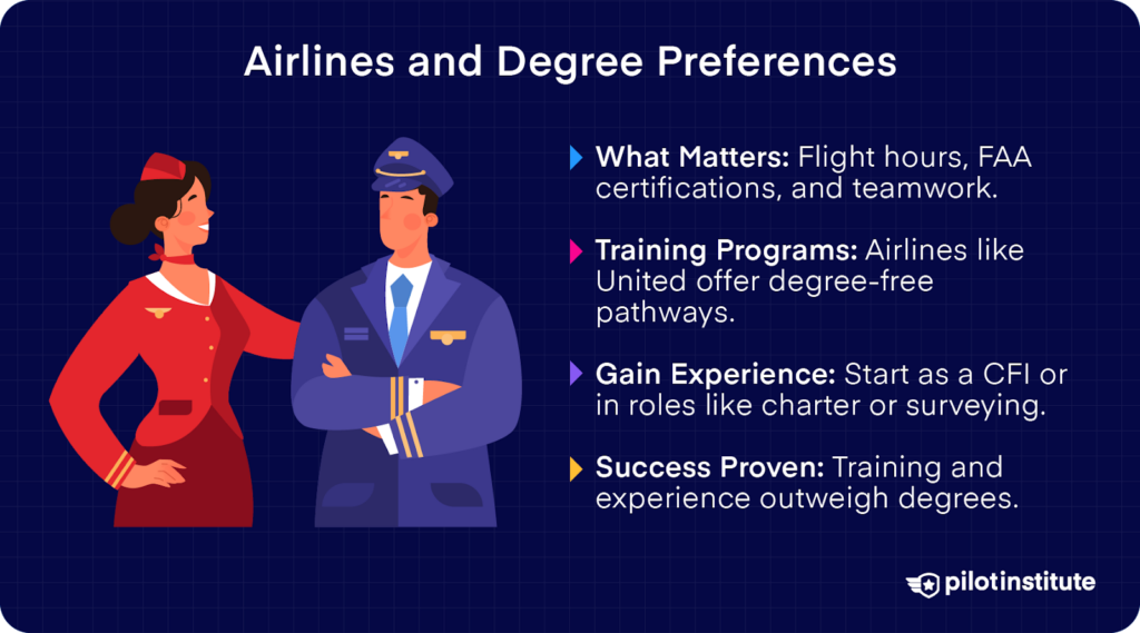 Illustration of a pilot and flight attendant with text about airlines prioritizing flight hours, FAA certifications, and experience over degrees.