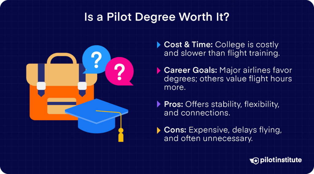 Comparison of pilot degree pros and cons, covering costs, career goals, benefits, and drawbacks.