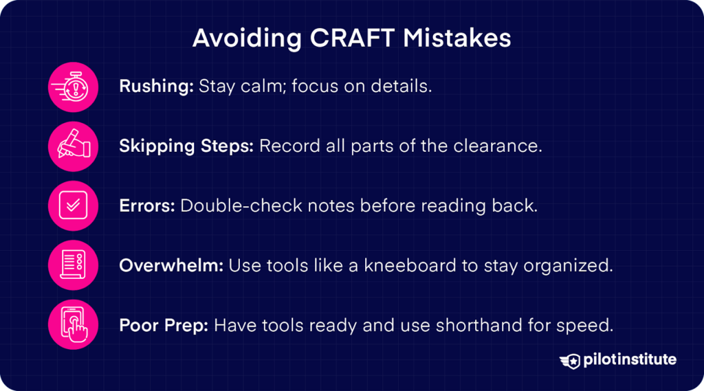 Infographic listing common CRAFT mistakes for pilots, including rushing, skipping steps, making errors, feeling overwhelmed, and poor preparation, with tips to avoid them.