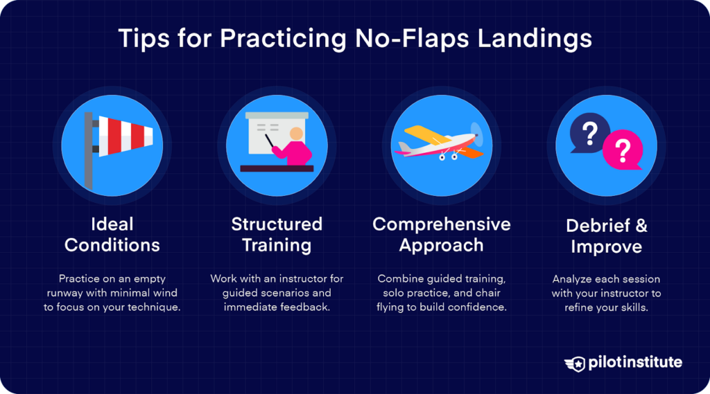 Tips for no-flaps landings: practice in ideal conditions, structured training, comprehensive approach, and debrief to improve skills.