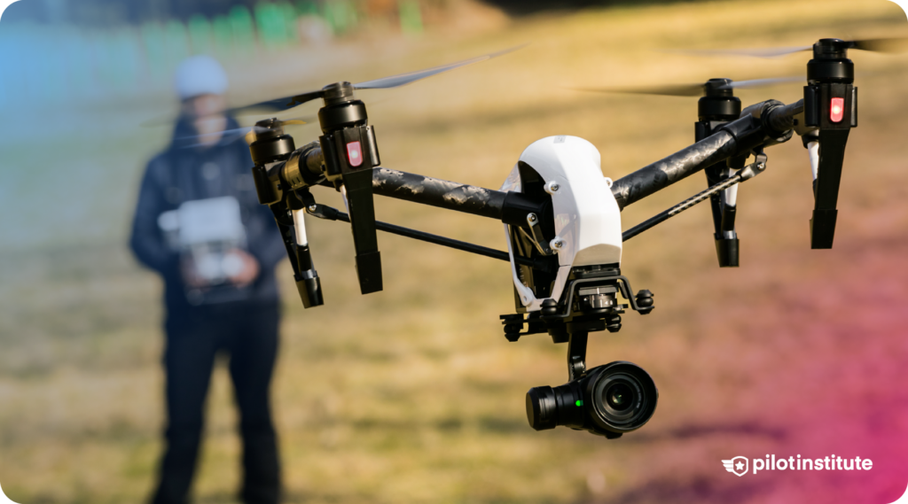 A close-up of a camera-equipped drone hovering with a person operating it in the background.