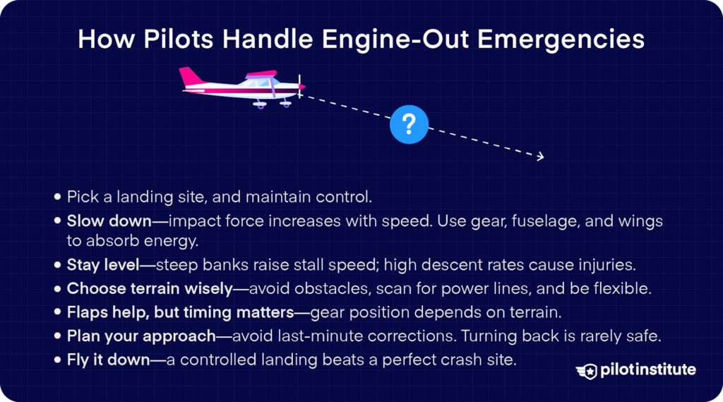 Illustration of a small aircraft with a warning symbol, explaining a deadstick landing as an emergency landing without engine power, requiring the pilot to glide to a safe landing.