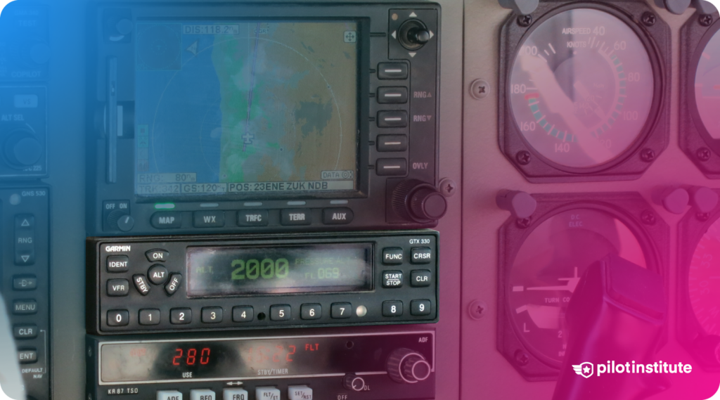 Aircraft avionics panel featuring a GPS navigation screen, transponder displaying squawk code 2000, and various flight instruments.