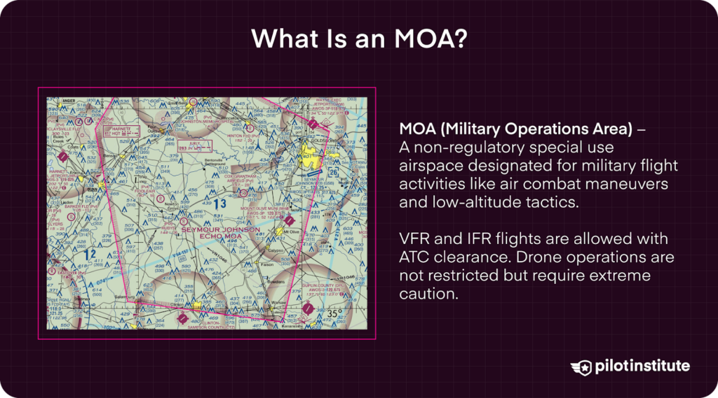 Aeronautical chart highlighting a Military Operations Area (MOA) with a description of its purpose and flight restrictions.