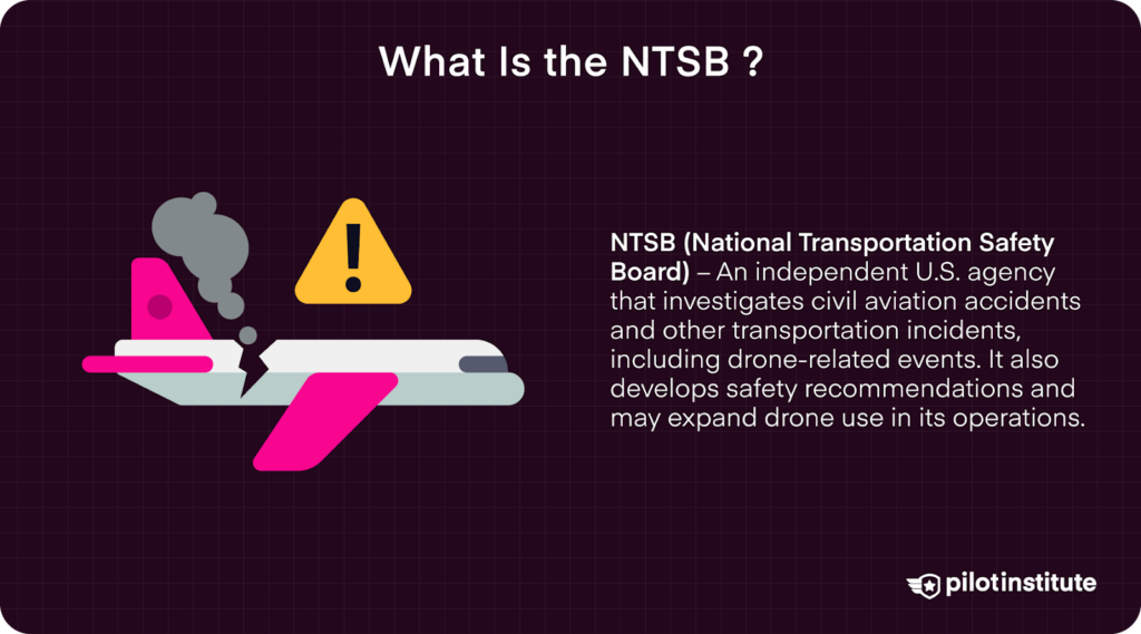 Illustration of an aircraft with a warning symbol, explaining the NTSB's role in investigating civil aviation accidents and its involvement in drone safety and operations.