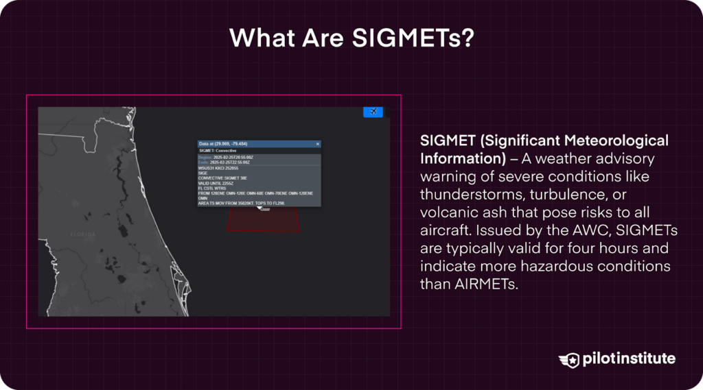 Map displaying a SIGMET advisory with a description explaining SIGMET as a severe weather warning for thunderstorms, turbulence, or volcanic ash that pose risks to aircraft.