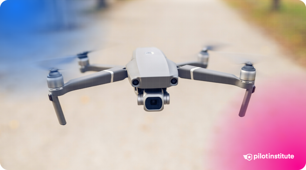 A close-up of a drone in flight with blurred background.