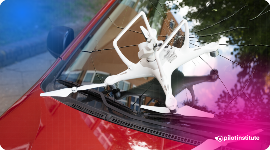 A crashed white drone lying on the cracked windshield of a red car, illustrating drone-related accidents.