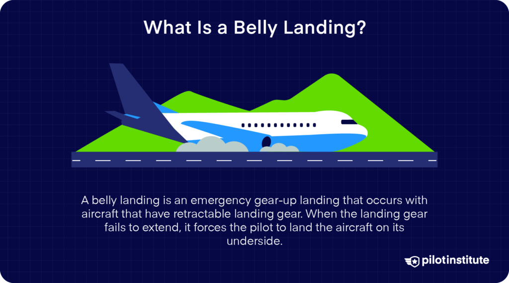 An aircraft performing a belly landing with gear up, skidding along the runway on its underside with mountains in the background.