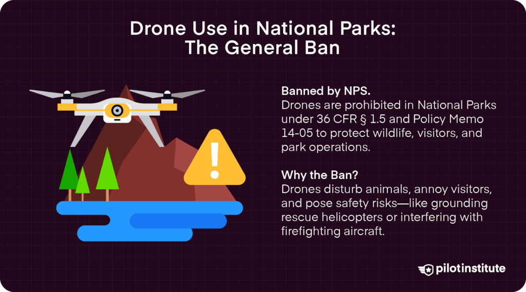 Illustration of a drone flying near mountains and trees with a warning sign, explaining the general ban on drone use in U.S. National Parks to protect wildlife, visitors, and park operations.