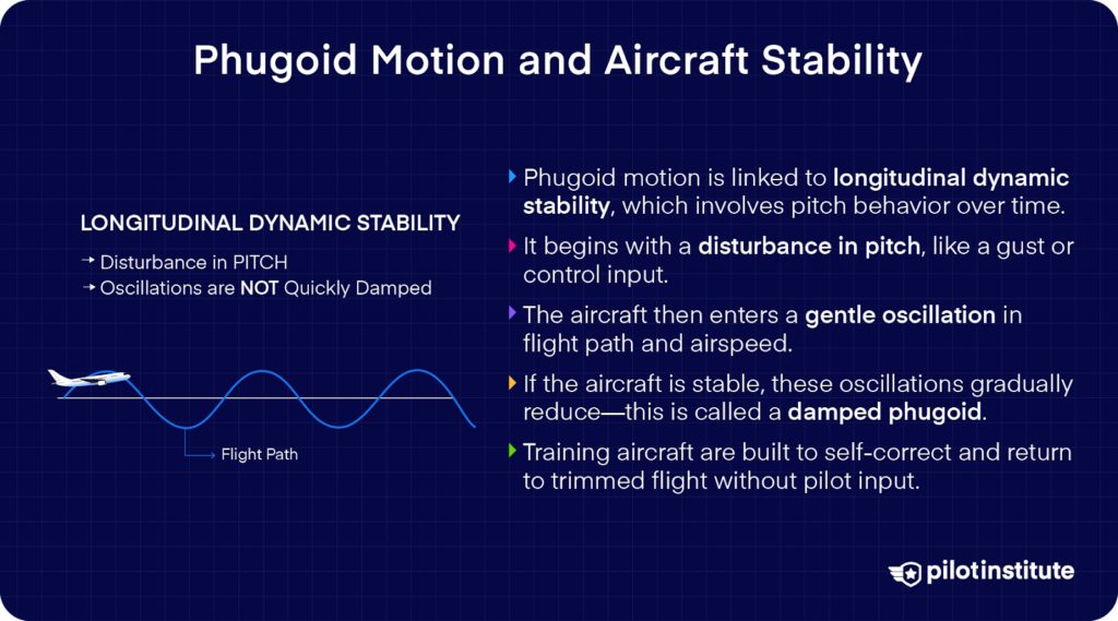 Infographic explaining how phugoid motion relates to aircraft stability, showing a wave-like flight path and bullet points about pitch disturbances and self-correcting behavior in training aircraft.