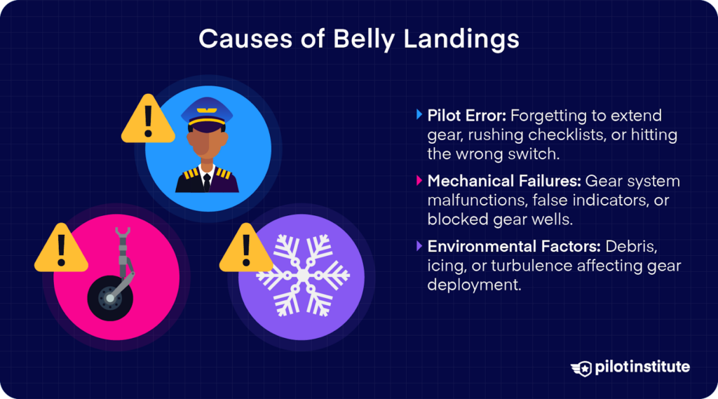 Three icons representing pilot error, mechanical failure, and environmental factors as causes of belly landings, with warning symbols and supporting text listing examples like forgotten gear, gear malfunctions, and turbulence.