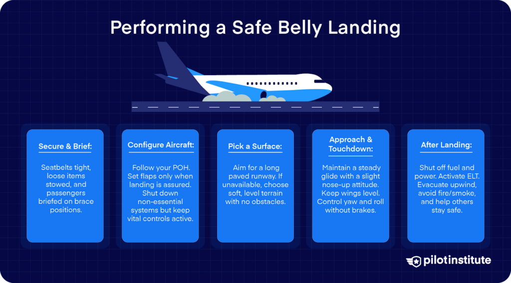 Checklist graphic for performing a safe belly landing with five steps: secure and brief passengers, configure aircraft, pick a surface, control approach, and manage actions after touchdown.