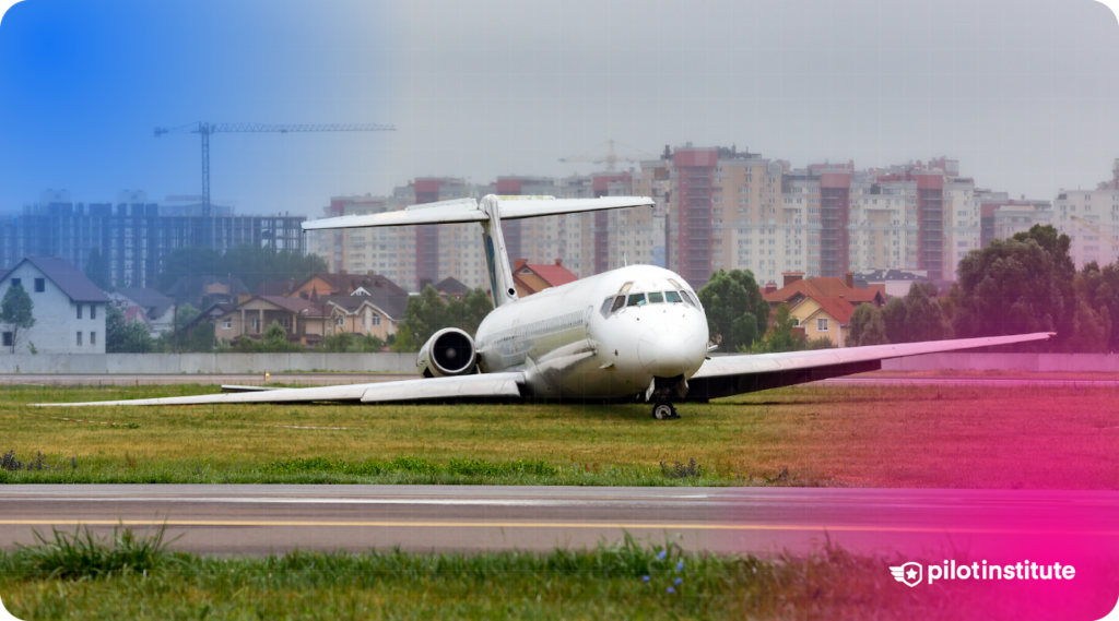 Commercial jet after a belly landing, resting on its fuselage in the grass beside a runway with no landing gear extended, in front of city buildings and homes.
