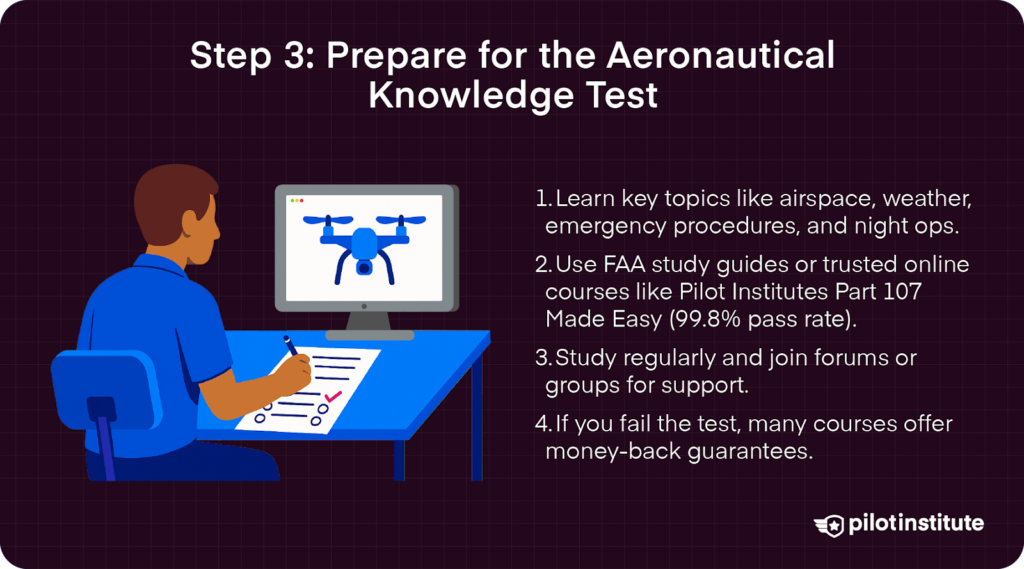 A person studying for the FAA Part 107 test with a drone on the screen, next to a checklist of test prep tips including study topics, using courses, and available guarantees.