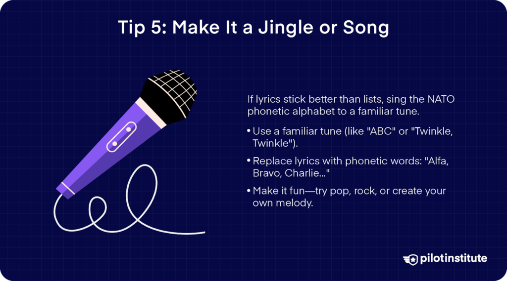 Tip 5: Make the NATO Phonetic Alphabet a jingle or song for easier memorization.