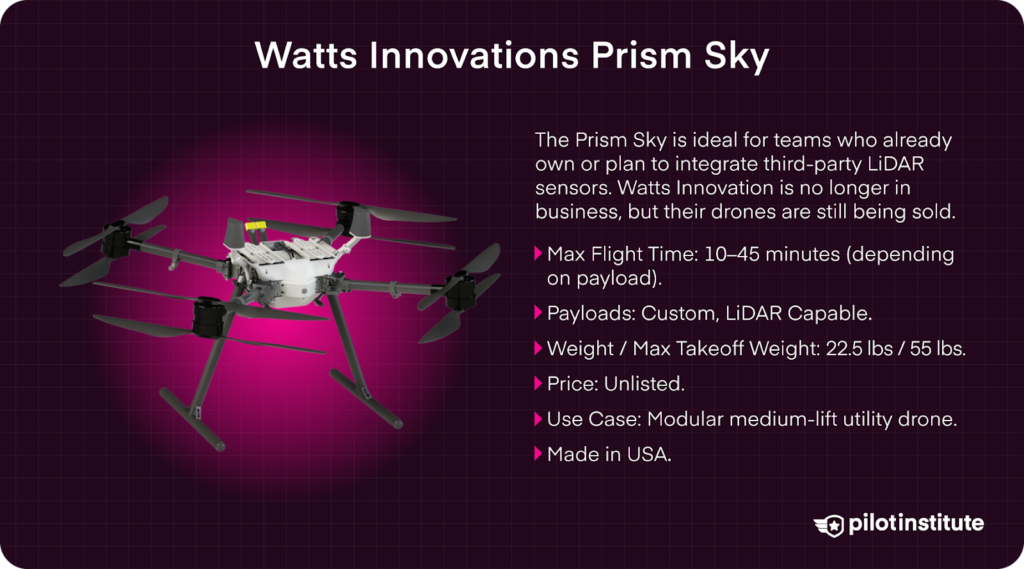 Image of the Watts Innovations Prism Sky drone with text highlighting its features: 10–45 minute flight time, custom payloads including LiDAR, 55 lbs max takeoff weight, and made in the USA.