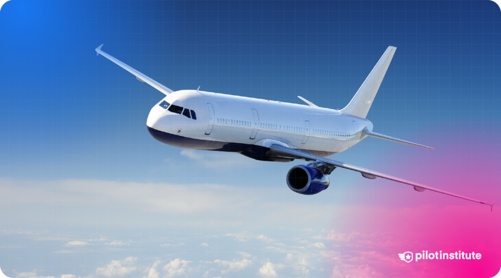 A commercial jet flying above the clouds with a blue-to-pink gradient background and the Pilot Institute logo.