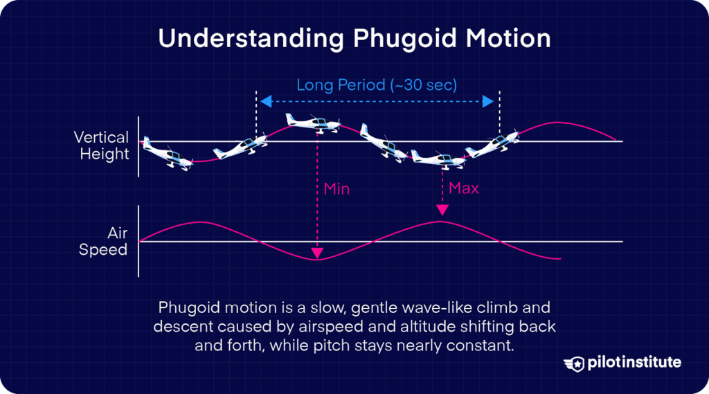 Infographic explaining phugoid motion with graphs of airspeed and altitude oscillations over time, showing how aircraft gently climb and descend with nearly constant pitch.