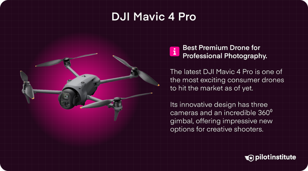 DJI drone labeled as Mavic 4 Pro, described as a premium option for professional photography with triple cameras and a 360° gimbal on a dark magenta background.