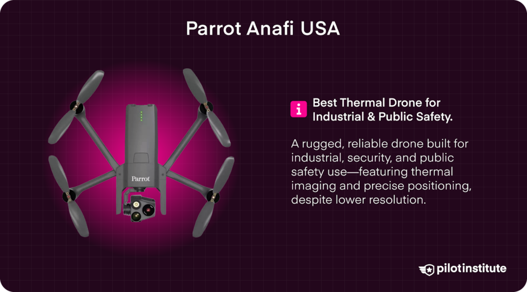 Parrot Anafi USA drone featured as a rugged thermal imaging option for industrial and public safety use, shown with four rotors and a compact sensor design.