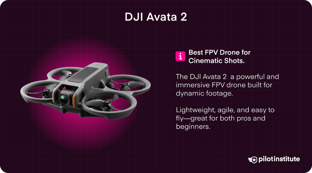 DJI Avata 2 drone labeled as the best FPV option for cinematic footage, shown with a ducted propeller design and compact body on a magenta grid background.