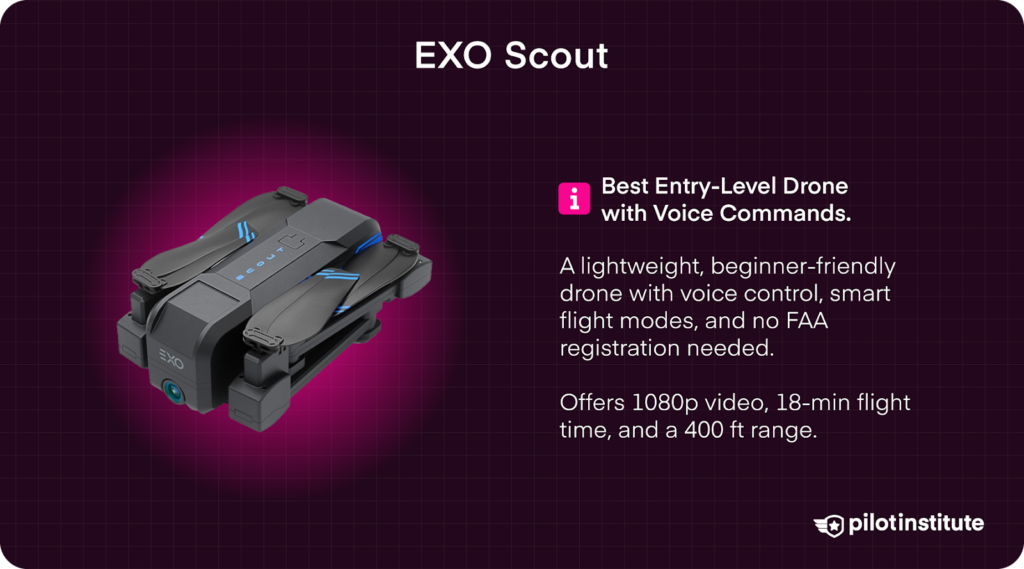 EXO Scout drone folded for storage, described as an entry-level option with voice commands, 1080p video, and no FAA registration required.