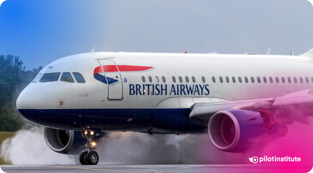 British Airways Airbus A320 touching down on a wet runway with thrust reversers deployed and visible steam