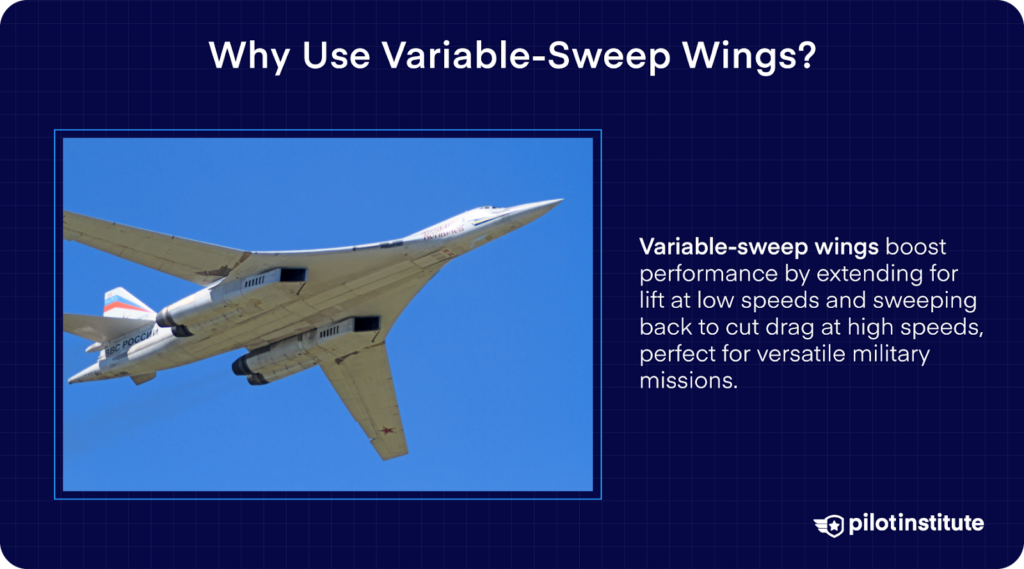 A Tupolev Tu-160 bomber in flight with variable-sweep wings in the swept-back position for high-speed performance.
