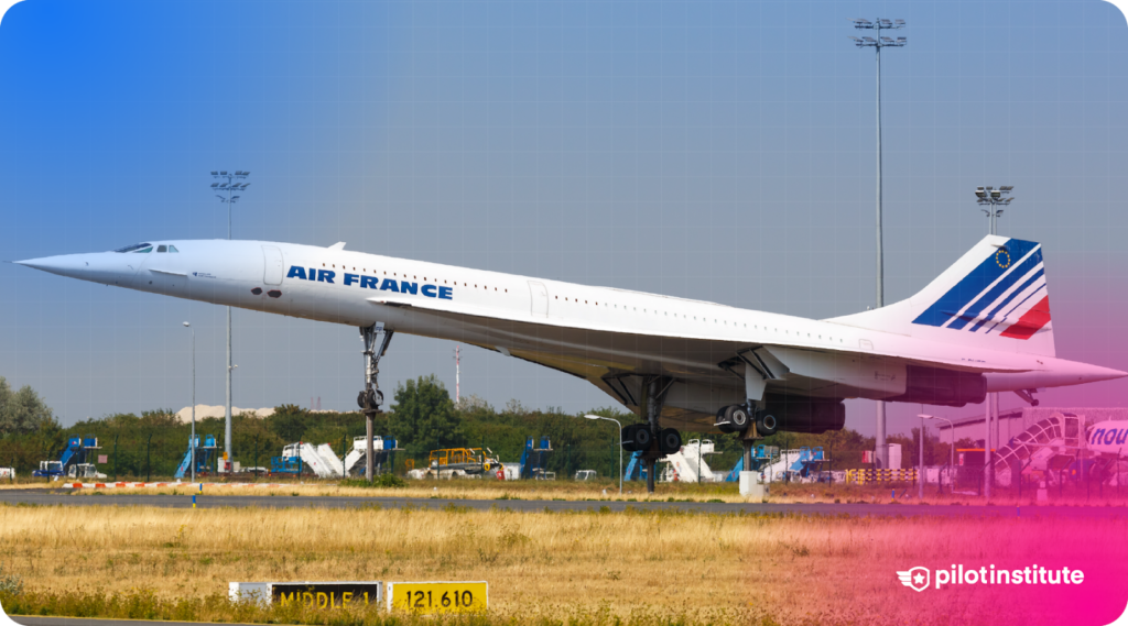 Air France Concorde taking off with gear extended at an airport, shown with a blue and pink gradient overlay and Pilot Institute branding.