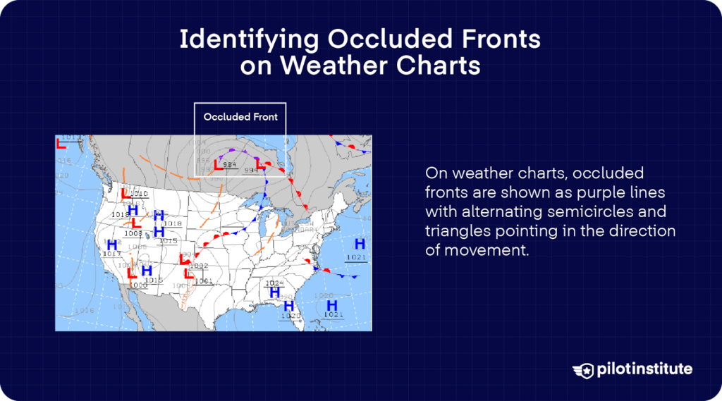 Weather chart showing how occluded fronts appear as purple lines with semicircles and triangles pointing in the direction of movement.