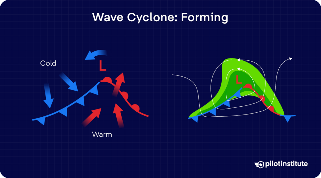 Diagram showing the formation of a wave cyclone with interacting cold and warm fronts and developing low-pressure system.