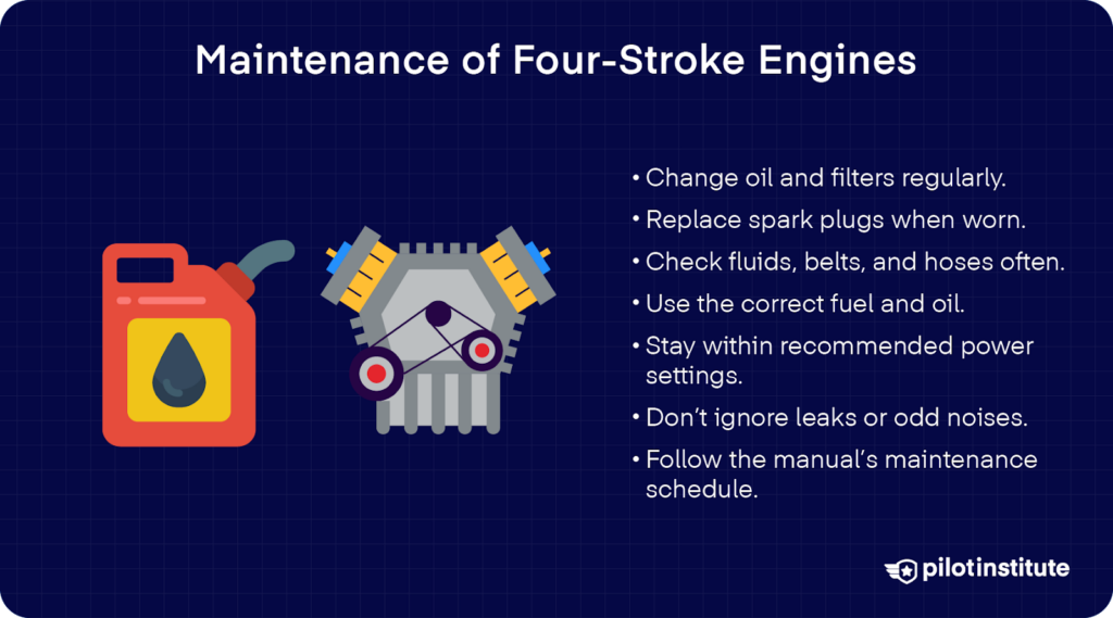 Illustration of an oil can and engine with a list of four-stroke engine maintenance tips, including regular oil changes, spark plug replacement, fluid checks, correct fuel use, and following the manual’s schedule.