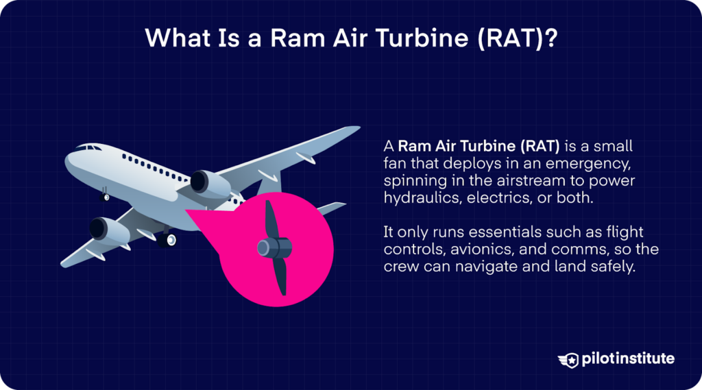 A Ram Air Turbine (RAT) is a small fan that deploys in emergencies, using the airstream to power hydraulics or electrics. It supplies critical systems like flight controls, avionics, and communications so the crew can land safely.
