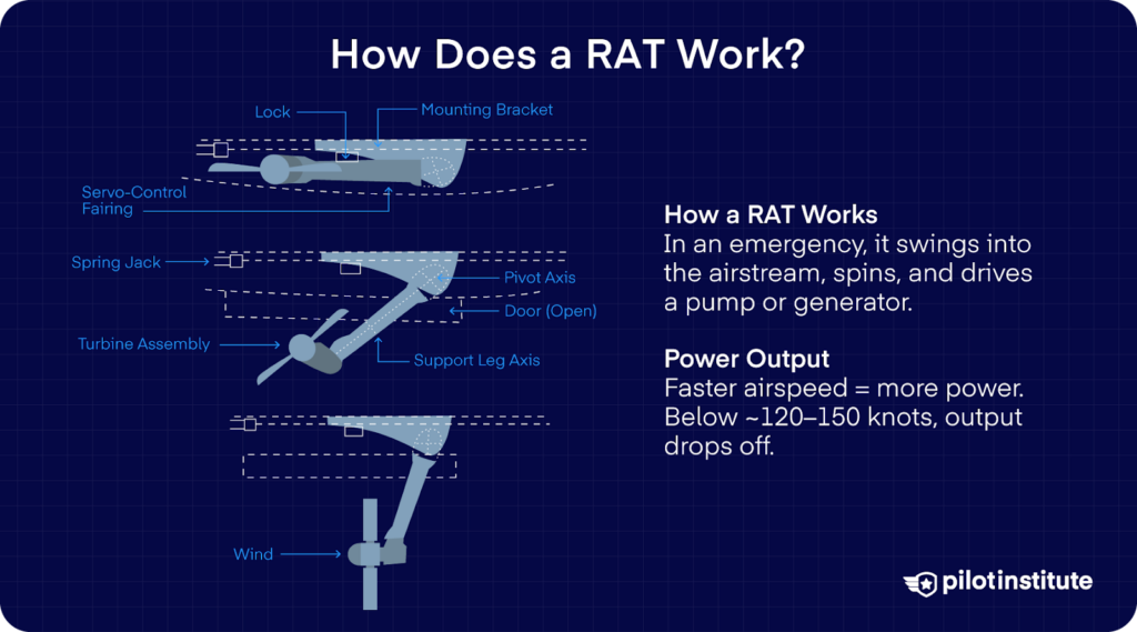 Diagram showing how a ram air turbine (RAT) deploys into the airstream to generate emergency power, with notes on power output and airspeed.