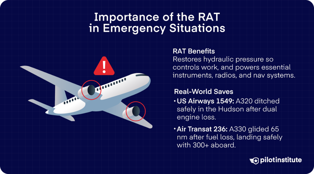 Diagram of airplane with emergency warning symbol and text explaining how ram air turbines helped US Airways 1549 and Air Transat 236 land safely after engine and fuel loss.