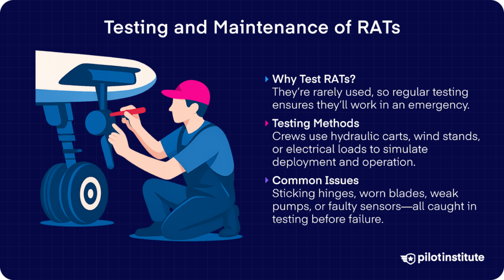 Illustration of mechanic testing an aircraft’s ram air turbine with text on why testing, methods, and common issues matter.