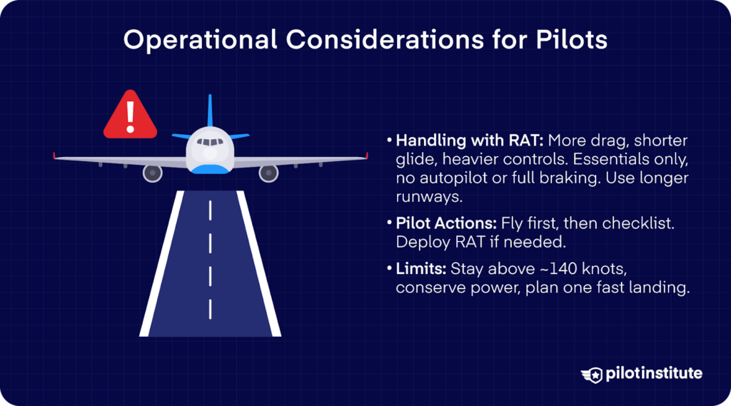 Infographic of airplane on runway with notes on pilot handling, actions, and speed limits when flying with a ram air turbine (RAT) deployed